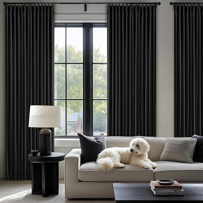 Black 80 Inch Pinch Pleated Black Out Curtains 2 Panel Set for Living Room Pinch Pleat Linen Drapes with Liner 80 Inches Long 100% Blackout Light Blocking Energy Saving Curtain for Dining Bedroom