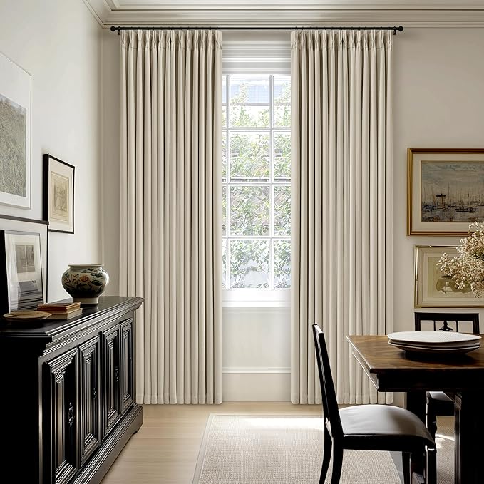 Oatmeal Pinch Pleated 100% Blackout Linen Curtains 100 Inch Length 2 Panels Pinch Pleat Curtains Black Out Light Blocking Room Darkening Drapes with Liner for Bedroom Living Room Window Cream Beige