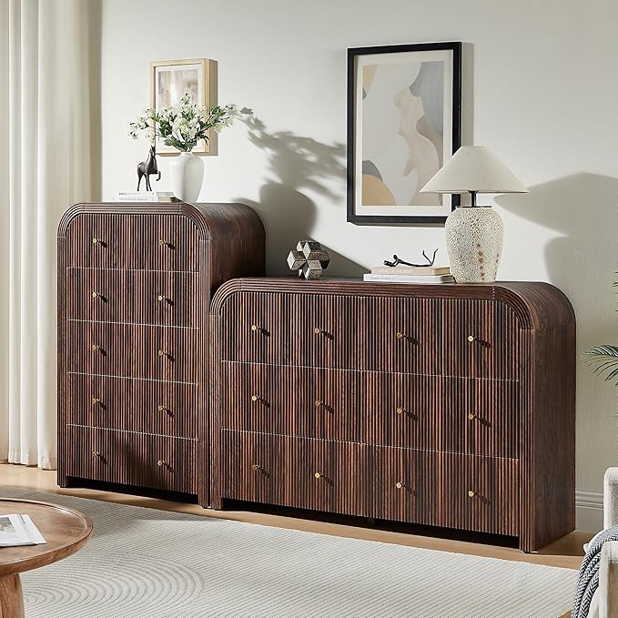 T4TREAM Fluted Dresser for Bedroom with 6 Drawers, 54" Wide Modern Chest of Drawers with Thickened Curved Profile Design, Wood Dressers TV Stand for Bedroom, Living Room, Hallway, Dark Walnut