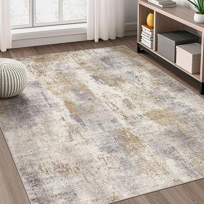 Area Rug Living Room Rugs - 6x9 Washable Soft Indoor Neutral Modern Abstract Low Pile Rug Carpet for Bedroom Dining Room Farmhouse Home Office - Brown Grey