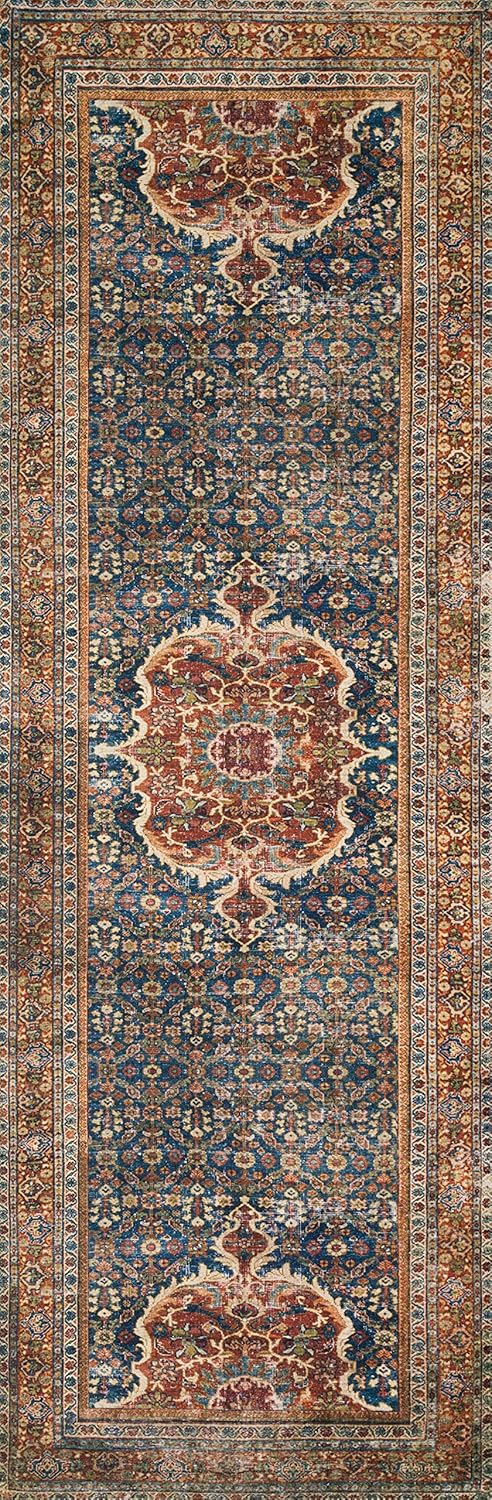 Loloi Layla Collection LAY-09 Cobalt Blue/Spice 2'-6" x 7'-6" .13" Thick Runner Rug, Soft, Durable, Vintage Inspired, Distressed, Low Pile, Non-Shedding, Easy Clean, Printed, Living Room Rug