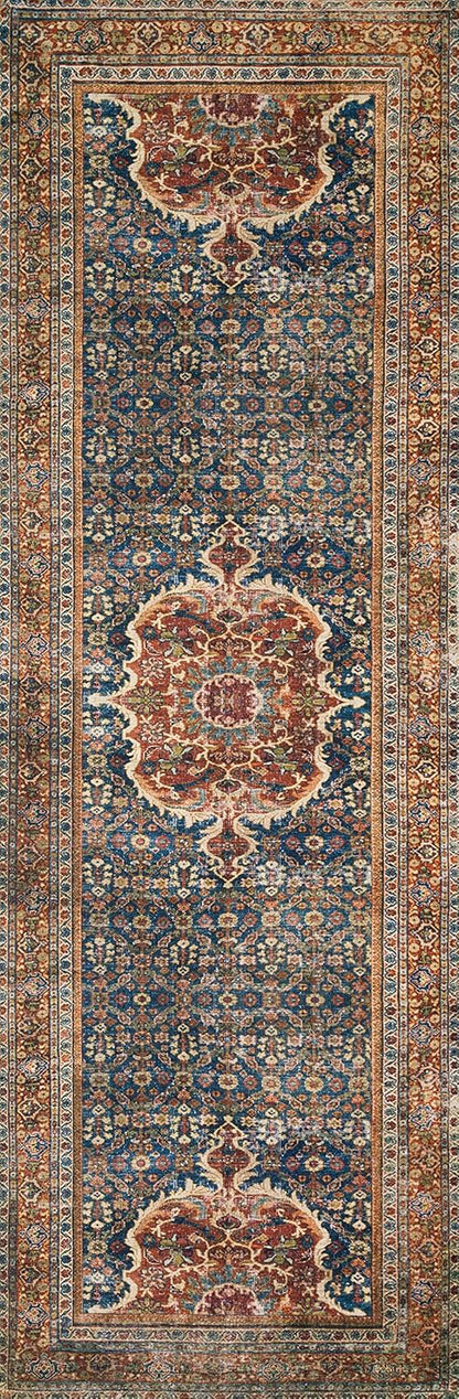 Loloi Layla Collection LAY-09 Cobalt Blue/Spice 2'-6" x 7'-6" .13" Thick Runner Rug, Soft, Durable, Vintage Inspired, Distressed, Low Pile, Non-Shedding, Easy Clean, Printed, Living Room Rug