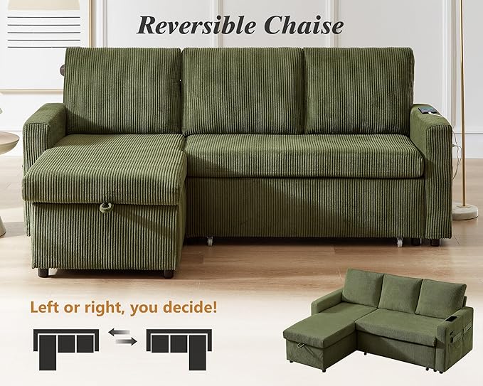 Vipbear 80" Sectional Sleeper Sofa Bed with Pull Out Bed, L Shaped Couch Pull Out Couch with Reclining Backrest, Reversible Storage Chaise, USB Ports, Tool-Free Assembly, Corduroy Olive Green