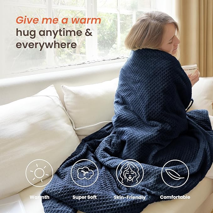 Heated Blanket Electric Throw Waffle, 50x60 Inches Sherpa Fleece Fast Heating Blanket 6 Heating Levels & 4 Hours Auto Off ETL Certification, Navy Throw