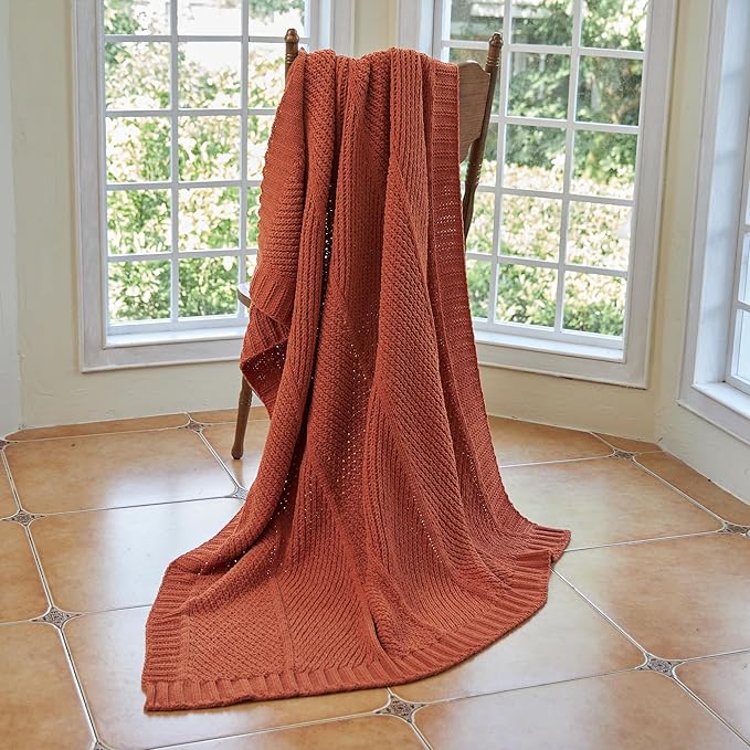Amélie Home Chevron Chenille Knit Throw Blanket for Couch, Cozy Texture Decorative Soft Blanket for Sofa & Chair, 50"x60", Burnt Orange