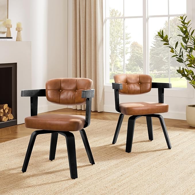 Art Leon Modern Dining Chairs - Set of 2 Mid Century Dining Chairs Faux Leather Upholstered Swivel Dining Chair, Comfy Desk Chair No Wheels Accent Arm Chairs for Kitchen Living Room Study, Brown