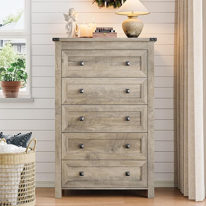 Dresser for Bedroom with 5 Drawers, Tall Wood Chest of Drawers, Modern Farmhouse Closet Clothes Organizer, Storage Tower Cabinet with Metal Handles for Hallway, Living Room, Entryway, Light Grey