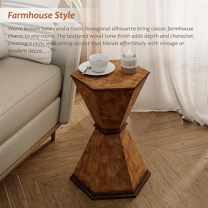 COZAYH Farmhouse Hexagonal Accent Table, Rustic Hourglass Design Side Table with Sculptural Geometric Base for Living Room or Bedroom, Natural Wood-Tone Finish, Brown