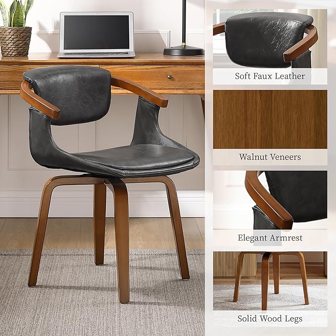 Art Leon Desk Chair No Wheels, Mid Century Modern Swivel Accent Chair, Faux Leather Home Office Desk Chair for Small Spaces Living Room Bedroom, Gray