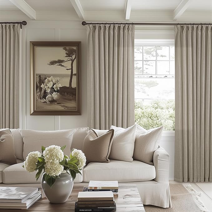 Taupe Burlywood Pinch Pleat Linen Curtains 120 Inches Long 60 Inch Wide for Patio Sliding Door Light Filtering Semi Sheer Pleated Drapes Back Tab Extra Wide 60 x 120 Curtain for Living Dining Room