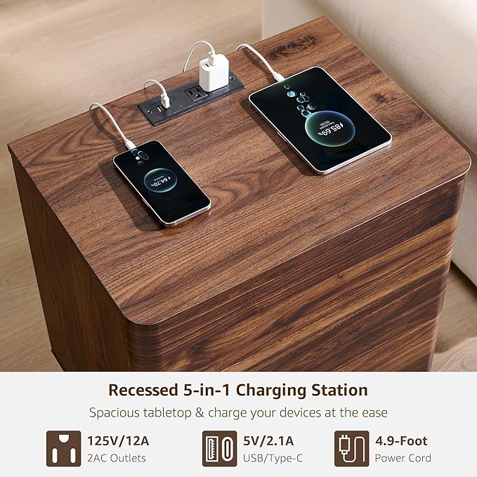 ACCOHOHO 22" Modern Nightstand with Charging Station, Push-to-Open Handleless 3 Drawers Bedside Table, Large End Table with Storage, Night Stand for Bedroom, Living Room, Curved Profile, Brown