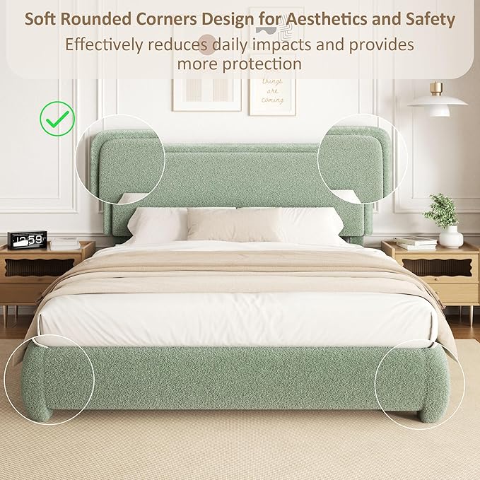 Full Size Platform Bed Frame with Headboard, Boucle Upholstered Desige, Anti-Collision Corners, Soft Rounded Corners, No Box Spring Required, Easy Assembly, Noise Free