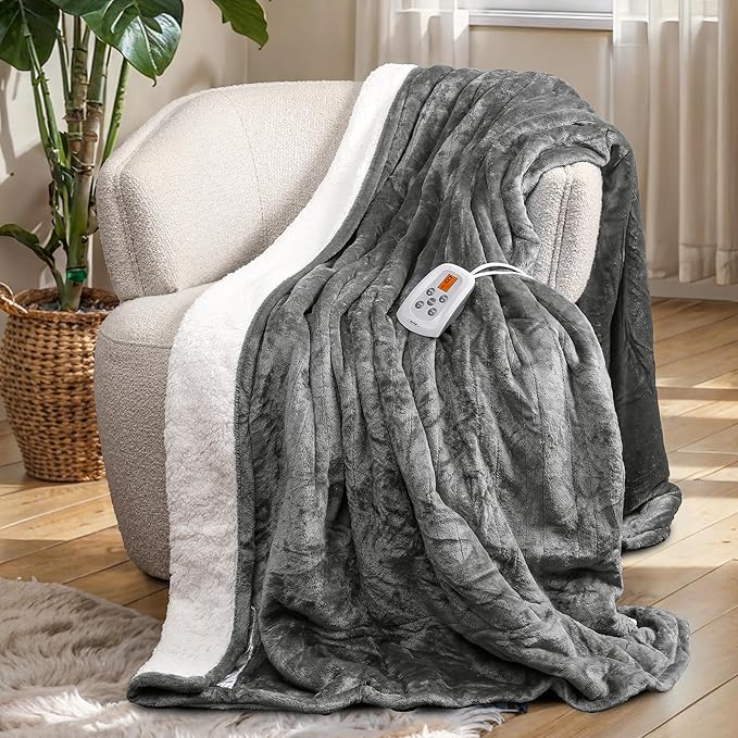 SUNVIVI Heated Blanket Queen Size, Electric Throw Dual Control, 5 Years Warranty, 10 Heat Settings, 12 Hours Auto Off, Soft Flannel and Sherpa, Machine Washable, ETL Certified, Grey, 84x90 Inch