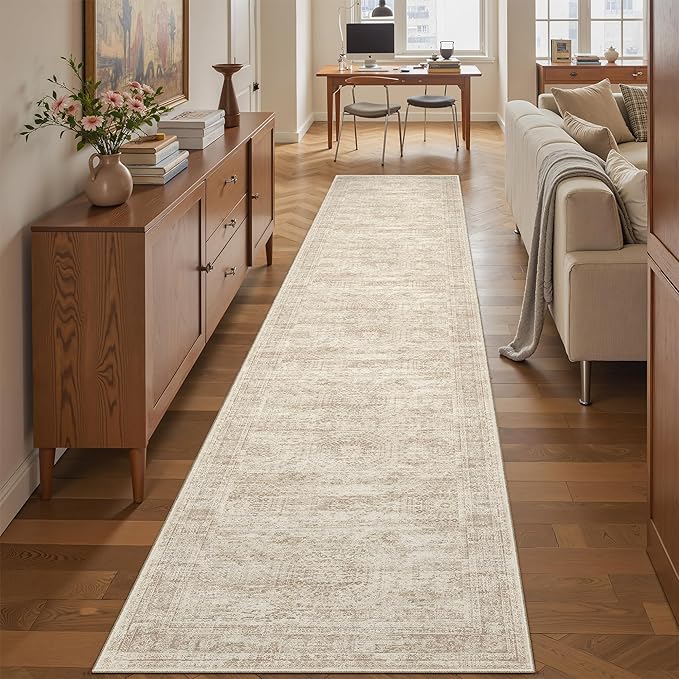 Runner Rug 2'6" x 10' Washable Non-Slip Runner Rugs for Kitchen Bathroom Laundry Room Vintage Ultra Thin Runners for Hallway Entryway Beige