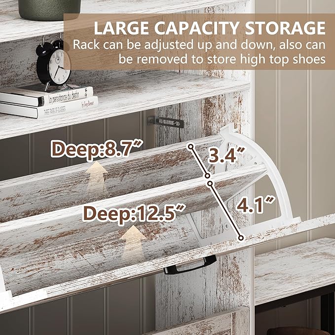 Vibe & Dine Shoe Cabinet with 2 Flip Drawers and Shoe Bench, Farmhouse Shoe Storage Cabinet for Entryway, Freestanding Slim Shoe Organizer Cabinet, Narrow Shoe Rack Cabinet with Metal Legs, White