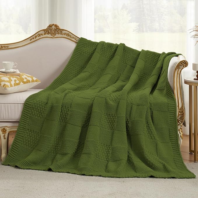 Amélie Home Checkered Chenille Knit Throw Blanket for Couch, Classic Texture Decorative Soft Blanket for Sofa, Chair & Bedroom, 50"x60", Olive Green