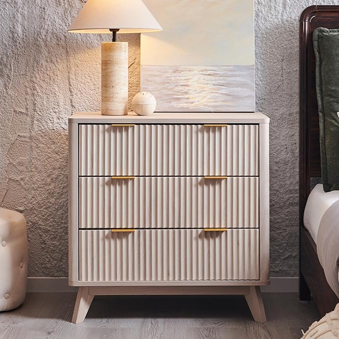 T4TREAM Fluted 3 Drawers Nightstand, Oversized Extra Large Modern Side Table, End Table Bedside for Bedroom, Living Room, Curved Profile Design, White Alder