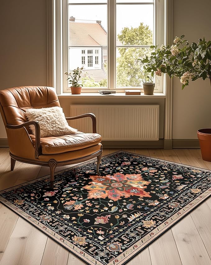 Area Rugs 3'x4' Washable Non-Slip, Floral Vintage Distress Print Pattern Medallion Carpet for Living Room Bedroom Dining Room, Black Colorful Floral Dark Tan