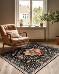 Area Rugs 3'x4' Washable Non-Slip, Floral Vintage Distress Print Pattern Medallion Carpet for Living Room Bedroom Dining Room, Black Colorful Floral Dark Tan