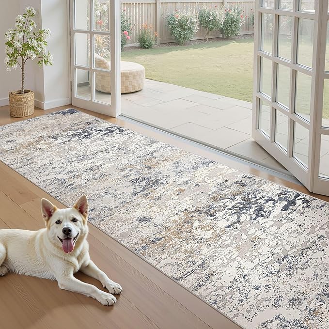 3x10 Washable Runner Rug for Hallway: Soft Neutral Modern Abstract Low Pile Rug Indoor - Carpet for Bedroom Dining Room Kitchen Entryway - Beige Blue