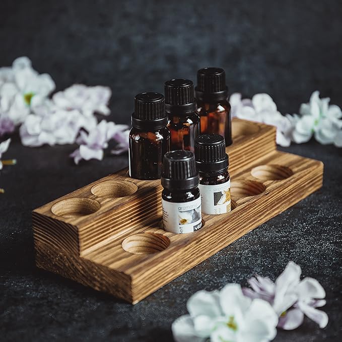 MyGift 8.5 Inch Rustic Burnt Solid Wood Essential Oil Holder Stand with 2 Tier Display, Vanity Tabletop Cosmetic Storage Organizer Rack, Holds 11 (20ml) Bottles