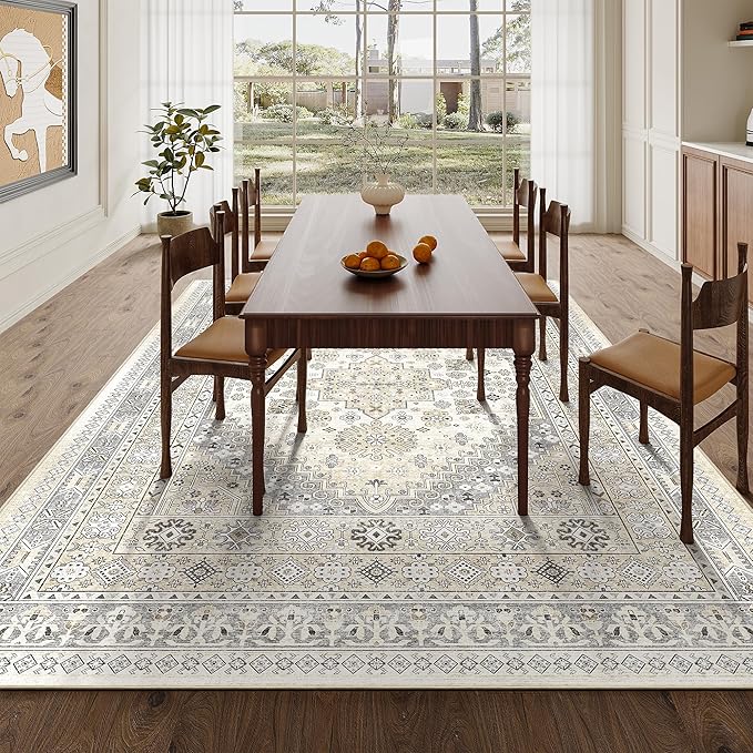 zesthome 5x7 Area Rugs - Ultra-Thin Washble Rug, Stain Resistant Anti Slip Backing Rugs for Living Room,Bedroom, Vintage Home Decor Area Rug (Beige,5'x7')
