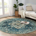Area Rugs 5ft Washable Non-Slip, Floral Vintage Distress Print Pattern Medallion Carpet for Living Room Bedroom Dining Room, Dark Blue Vintage