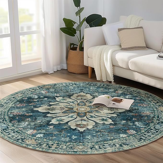 Area Rugs 5ft Washable Non-Slip, Floral Vintage Distress Print Pattern Medallion Carpet for Living Room Bedroom Dining Room, Dark Blue Vintage