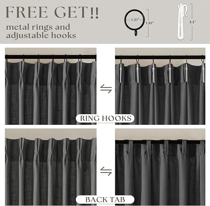 Dark Grey 80 Inch Pinch Pleated Linen Curtains 2 Panel Set for Living Room Thick Linen Drapes 80 Inches Long Pinch Pleat Drapes Semi Sheer Curtain for Dining Bedroom Office Charcoal Gray