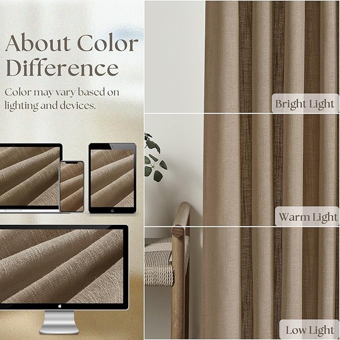 Farmhouse Tan Brown Linen Curtains 102 Inches Long for Living Room Pinch Pleated Drape with Hooks Rings for Track System Light Filtering 102 Inch Curtain for Bedroom Sliding Patio Door 2 Panels