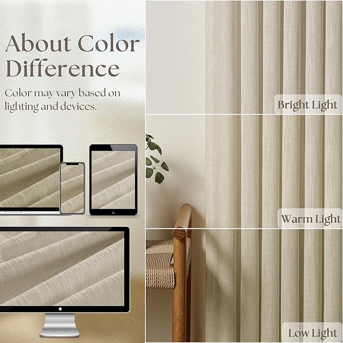 Linen Pinch Pleated Linen Curtains 2 Panels for Living Room Bedroom Memory Training Shaped Semi Sheer Pleat Drapes with Hooks Rings Light Filtering Window Curtain 40x80