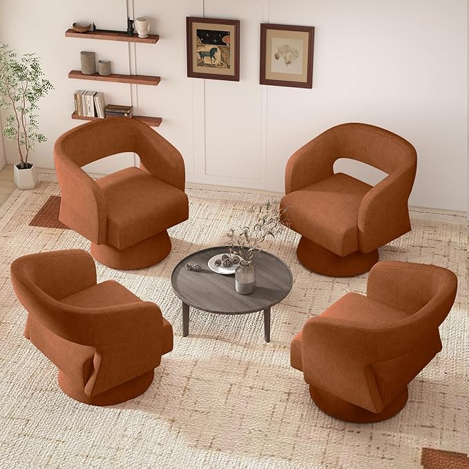 Swivel Accent Chair Set of 4, Modern Comfy Chenille Barrel Chairs, Oversized Upholstered Round Arm Chair for Living Room, Bedroom, Reading Room, Caramel
