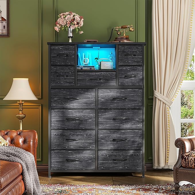 Dresser for Bedroom with 13 Fabric Drawers, Black Dresser with LED & 4 Charging Ports, 47''H Chest of Drawers with Open Storage Shelves for Hallway, Entryway