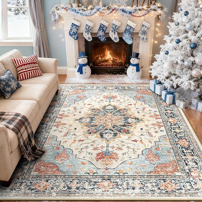 Area Rugs 6'x8' Washable Non-Slip, Floral Vintage Distress Print Pattern Medallion Carpet for Living Room Bedroom Dining Room, Beige Navy Blue Orange Colorful