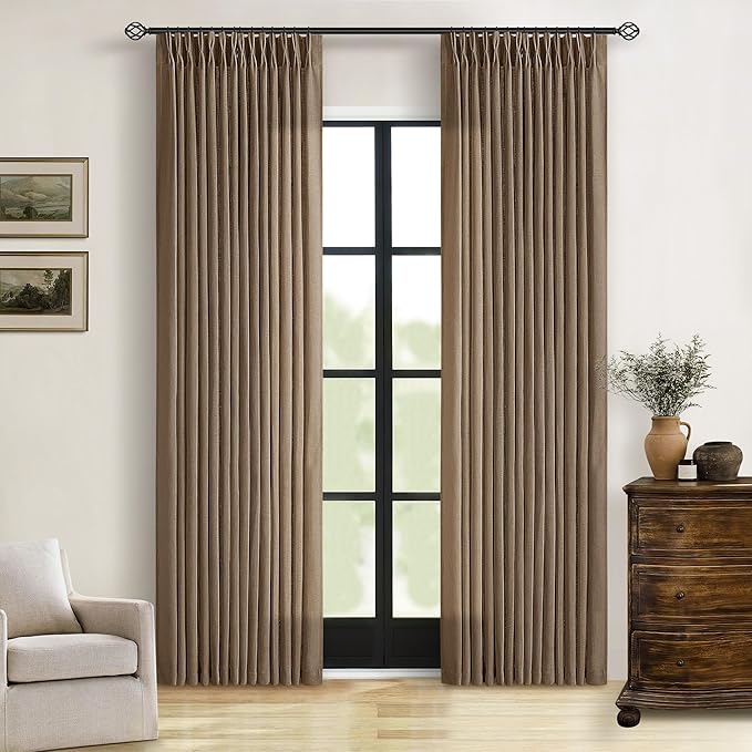 Brown Pinch Pleated Linen Curtains 84 Inches Long 2 Panels Set for Living Room Dining Pinch Pleat Back Tab Light Filtering Boho Farmhouse Bedroom Window Curtain Drapes 84 Inch Length Dutch Cocoa