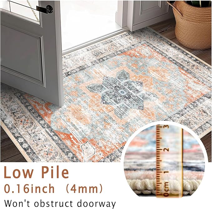 vivorug 5x7 Area Rugs - Ultra-Thin Washable Rug with Non-Slip Backing, Ideal for Living Room, Bedroom, Dining Room Indoor - Vintage, Easy Clean, Durable, Low Pile Rug Orange