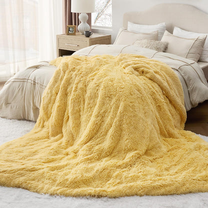 Bedsure GentleSoft Fluffy Yellow Blankets Queen Size for Bed, Thick Sherpa Faux Fur Fleece Fuzzy Plush Winter Warm Heavy Soft Full Queen Blankets, Bedroom Decor Yellow Cozy Gifts for Women Men, 90x90