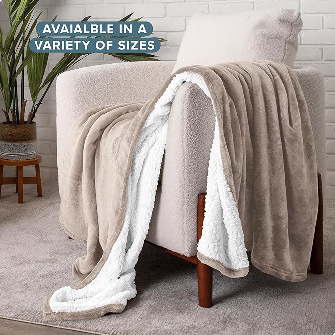 Bare Home Sherpa Fleece Blanket - King Size - Blanket for Bed, Sofa, and Couch - Warm & Lightweight - Fluffy & Soft - Reversible (King, Light Taupe)