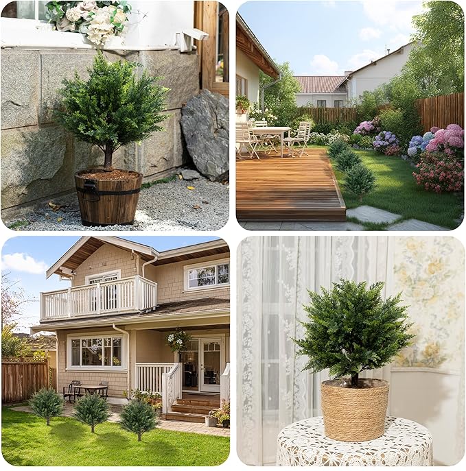 23.6" Artificial Topiary Cedar Trees with 4 Ground Stakes, Faux Outdoor Evergreen Shrubs, UV Resistant Fake Cedar Plants for Porch, Patio, Garden, Yard, Lawn, Landscape Decoration - 2 Pack