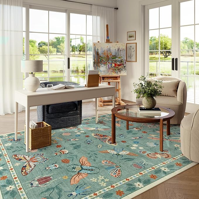 Lahome Insect Washable Rugs for Living Room, Soft 6x9 Area Rugs for Bedroom, Ultra-Thin Non Slip Green Area Rug Low Pile Stain Resistant Throw Carpet for Dining Room Office(6'x9',Green)