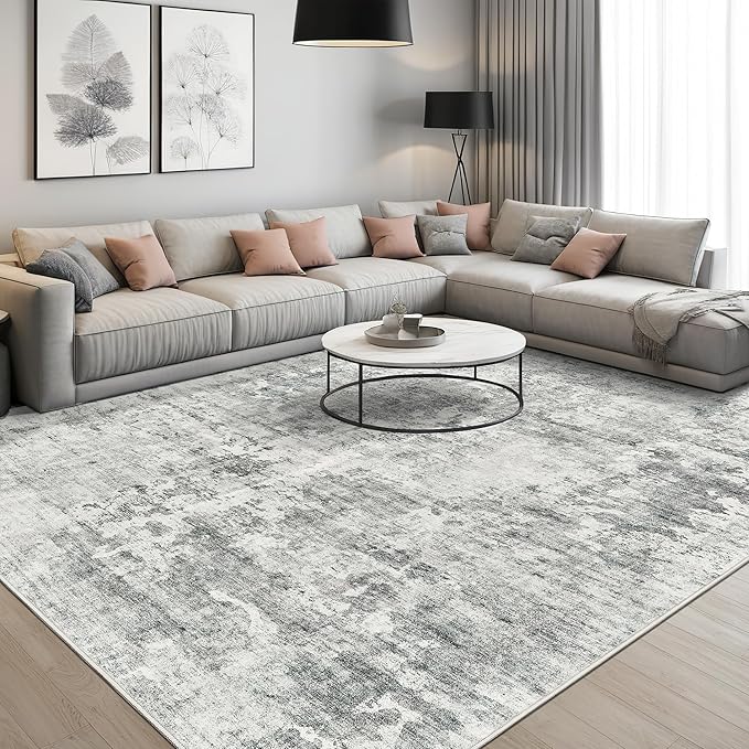 Abstract Rug 5x7 Machine Washable Area Indoor Grey White Low Pile Non-Slip Foldable Thin Accent Rugs for Bedroom Living Room Dining Room