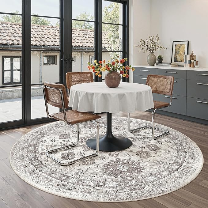 zesthome Washable Round Area Rugs - Non-Slip 6ft Round Rugs, Ultra-Thin Large Circle Rugs for Living Room, Soft Low Pile Rug for Bedroom, Kitchen, Nursery - Vintage Round Rug(Brown/Beige,6'x6')