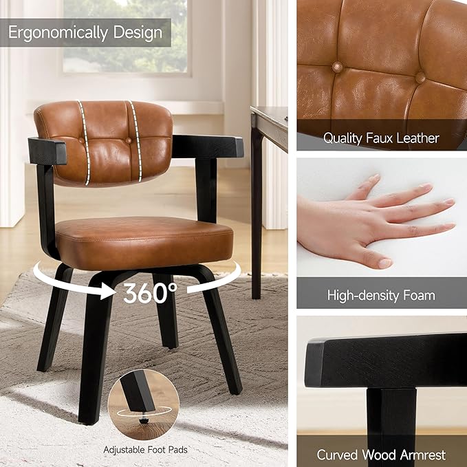 Art Leon Desk Chair No Wheels - Modern Faux Leather Office Chair Mid Century Swivel Desk Chair, Comfy Accent Armchair with Wooden Legs for Small Spaces Home Office Living Room Bedroom Study, Brown