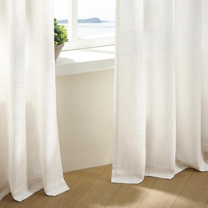 Natural Cream Pinch Pleated Linen Curtains 92 Inches Long for Living Dining Room Bedroom Thick Linen Pinch Pleat with Hooks Rings Back Tab Light Filtering Boho Farmhouse Semi Sheer 92 Inch Curtain