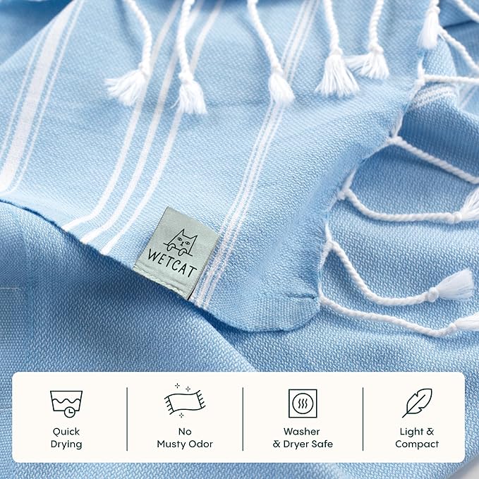 WETCAT Turkish Hand Towels with Hanging Loop, Set of 2 (20" x 30") 100% Turkish Cotton, Pre-Washed, Quick Drying, for Kitchen or Bathroom - Light Blue