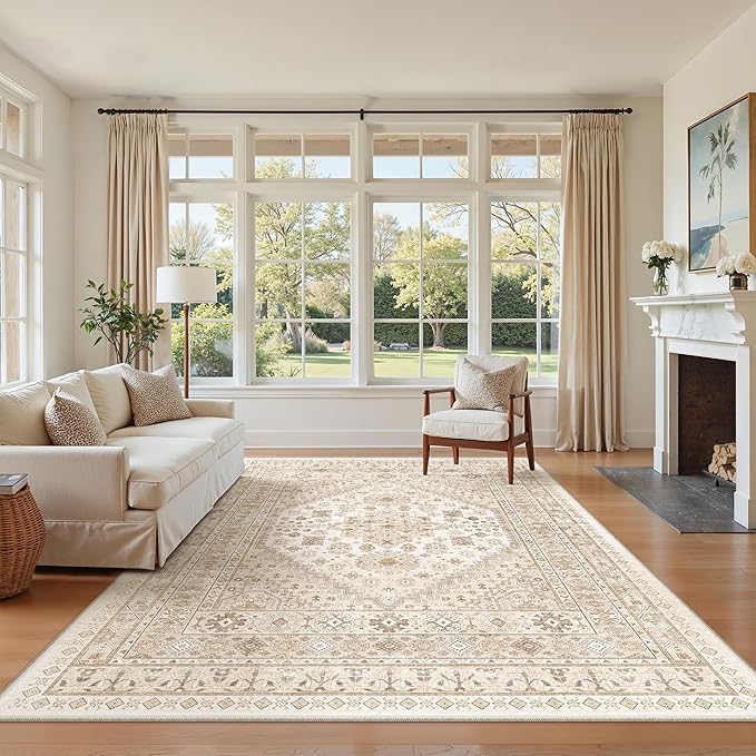 zesthome 5x8 Area Rugs - Ultra-Thin Washble Rug, Stain Resistant Anti Slip Backing Rugs for Living Room,Bedroom, Vintage Home Decor Area Rug(Cream/Beige,5'x8')