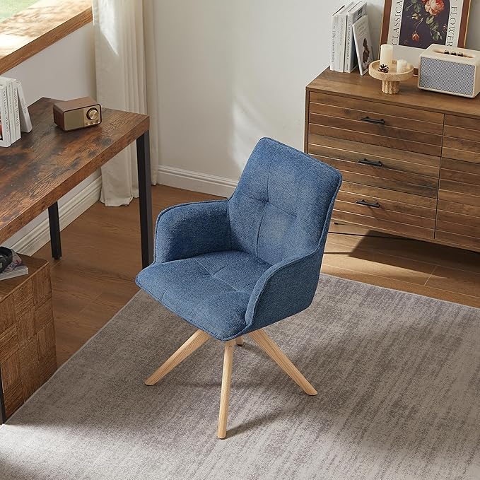 Art Leon Swivel Armchair - Mid Century Modern Office Chair No Wheels, Fabric Upholstered Accent Chair with Oak Wood Legs for Small Space Living Room Bedroom, Blue