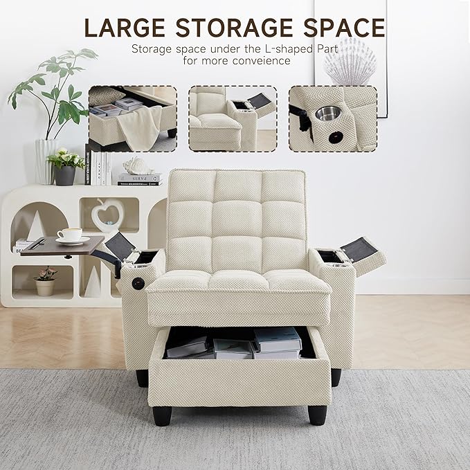 41.7" Chaise Lounge Chair Indoor, Oversized Boucle Upholstered Sofa Bed, Adjustable Backrest Deep Seat Reading Chair, Sofas Couches for Living Room with Storage, Cup Holders & 360° Swivel Side Table