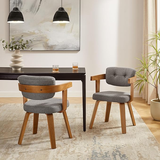 Art Leon Office Chair No Wheels - Mid Century Modern Chair, Fabric Upholstered Desk Chair Without Wheels, Accent Arm Chair with Wood Legs for Small Spaces Living Room Bedroom Study, Gray/Walnut