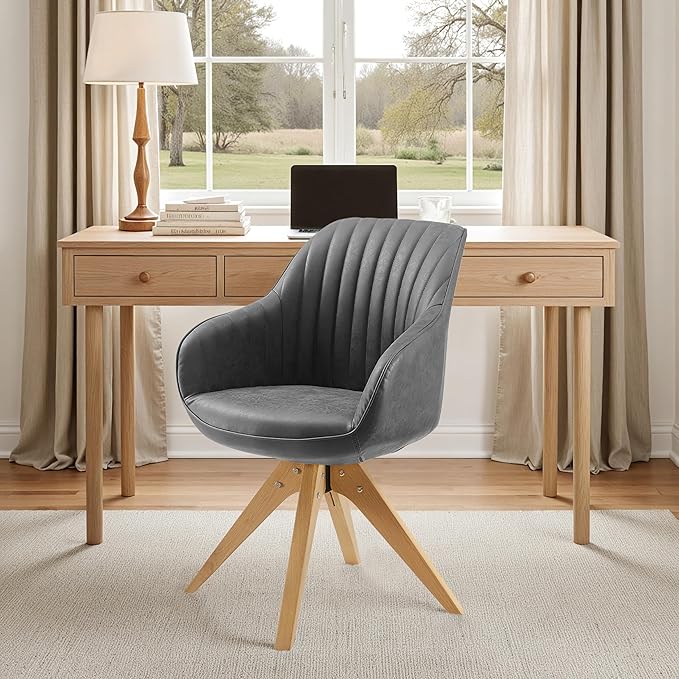 Zouron Mid Century Modern Accent Chair with Oak Wood Legs, Upholstered Swivel Chair No Wheels, Side Accent Armchair Vanity Chair for Small Space Home Office Living Room Bedroom, Black